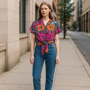 Michele Leslie Colorful Tropical Floral Button-Up Shirt - Size L